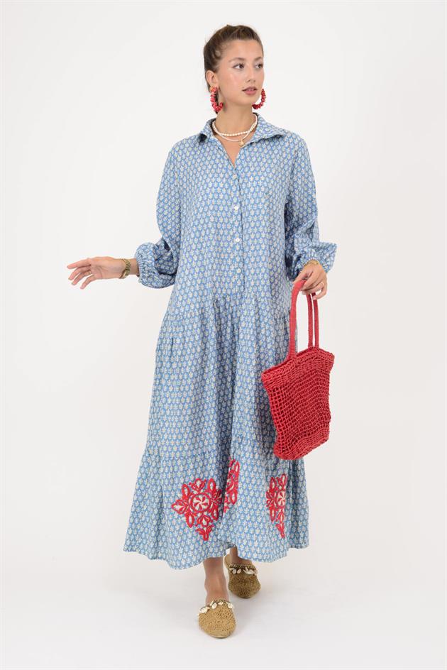 AN10522 MARIN NAKIŞ DETAYLI GÖMLEK ELBİSE