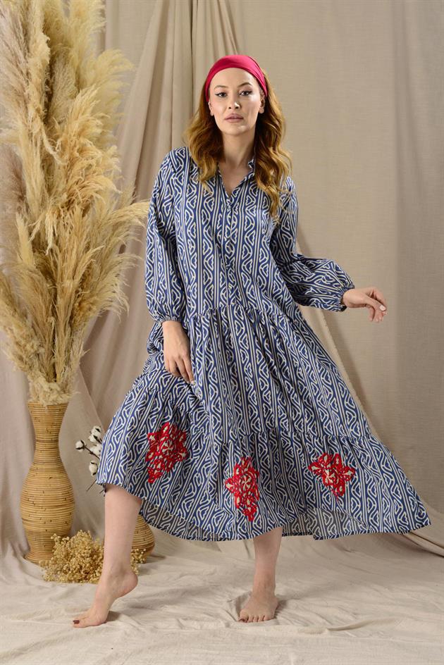 AN10522 MARIN NAKIŞ DETAYLI GÖMLEK ELBİSE