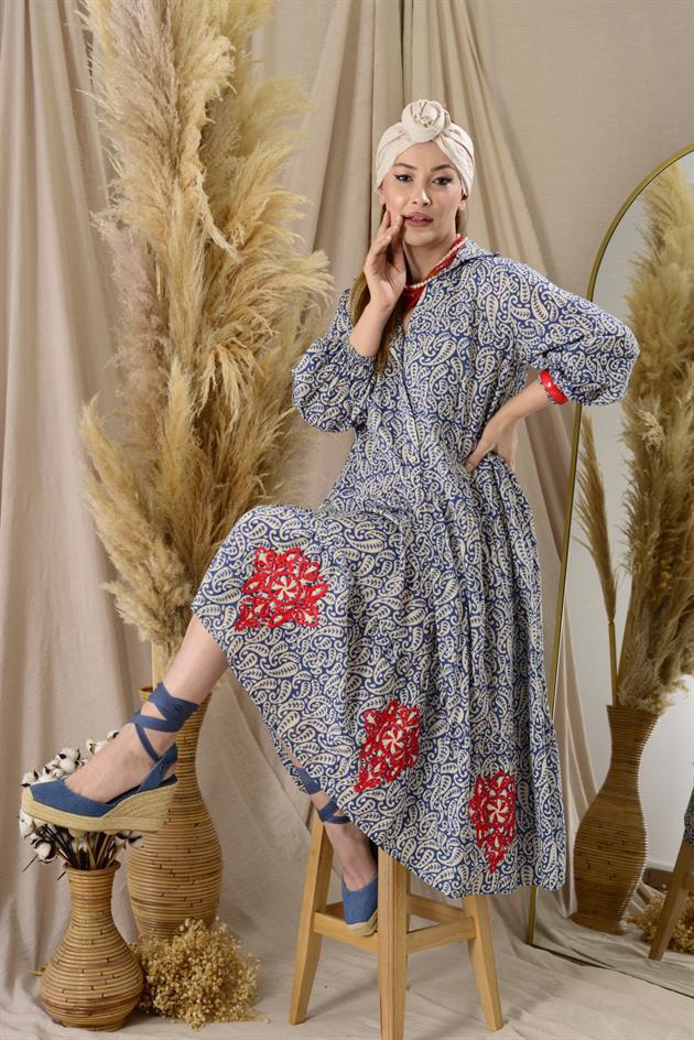 AN10522 MARIN NAKIŞ DETAYLI GÖMLEK ELBİSE