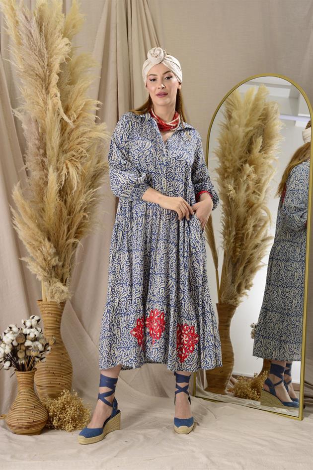 AN10522 MARIN NAKIŞ DETAYLI GÖMLEK ELBİSE