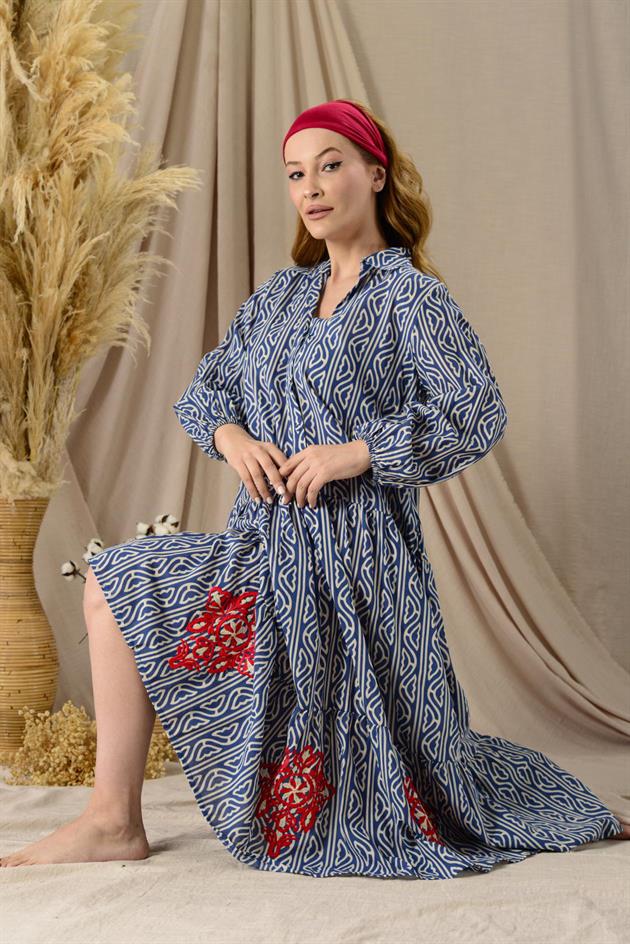 AN10522 MARIN NAKIŞ DETAYLI GÖMLEK ELBİSE