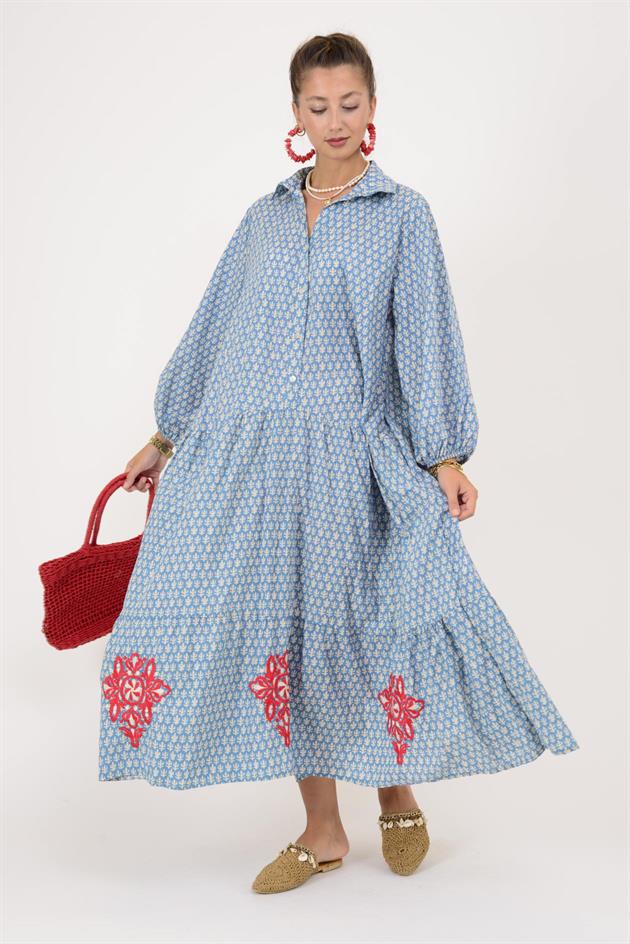 AN10522 MARIN NAKIŞ DETAYLI GÖMLEK ELBİSE