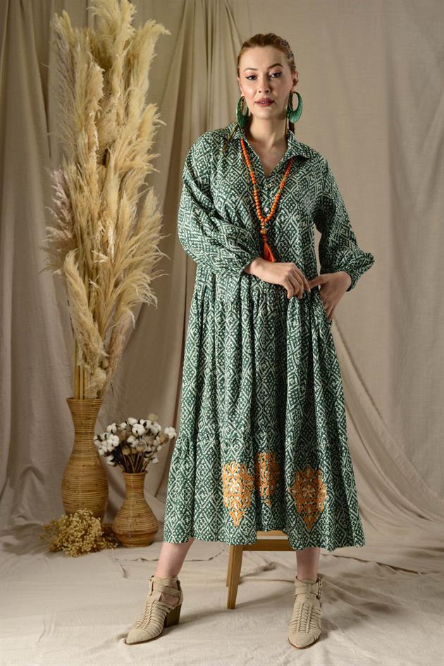 AN10522 MARIN NAKIŞ DETAYLI GÖMLEK ELBİSE