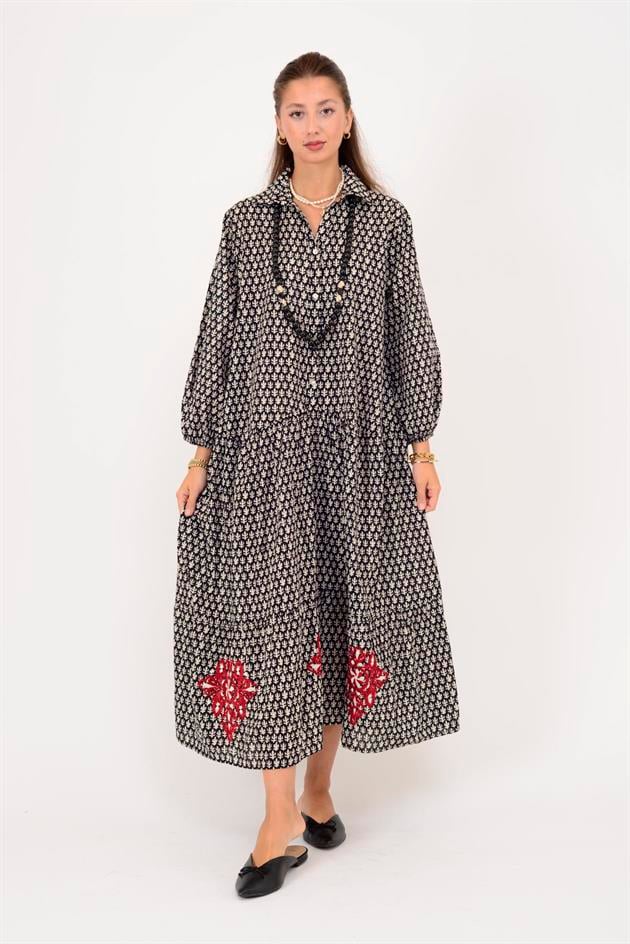 AN10522 MARIN NAKIŞ DETAYLI GÖMLEK ELBİSE