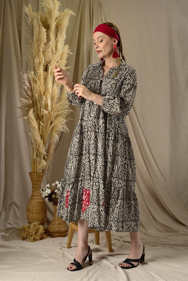 AN10522 MARIN NAKIŞ DETAYLI GÖMLEK ELBİSE