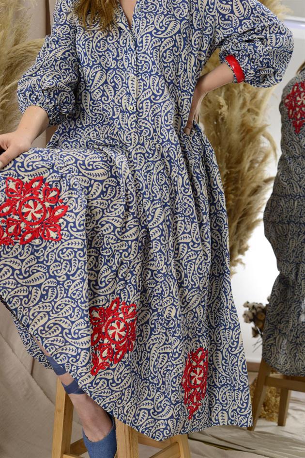 AN10522 MARIN NAKIŞ DETAYLI GÖMLEK ELBİSE