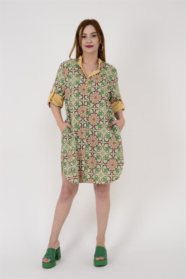 AN10557 ÇİÇEK DESEN GARNİLİ ELBİSE