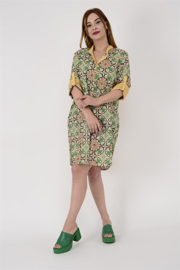 AN10557 ÇİÇEK DESEN GARNİLİ ELBİSE