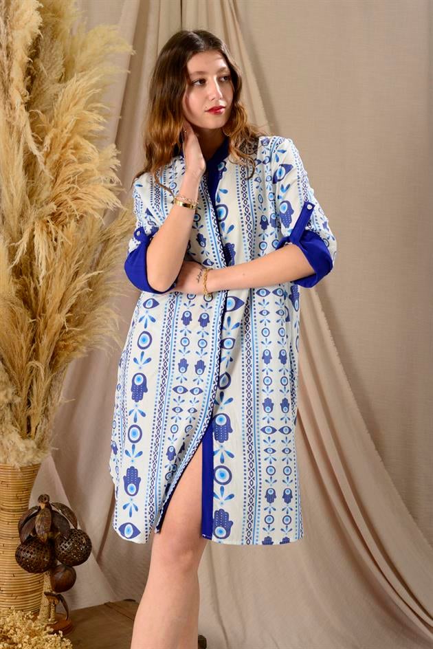 AN10557 MARIN GARNİ DETAYLI KISA ELBİSE