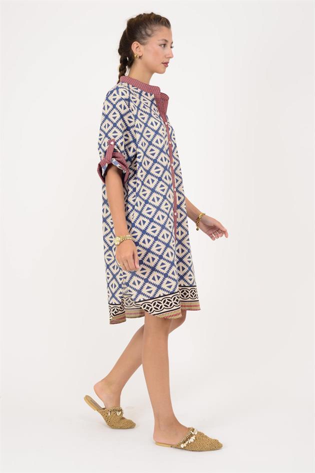 AN10557 MARIN GEOMETRİK DESEN KISA ELBİSE