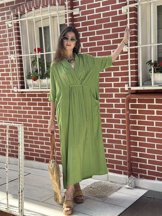 AN10567 BÜZGÜ DETAYLI KRUVAZE YAKA ELBİSE