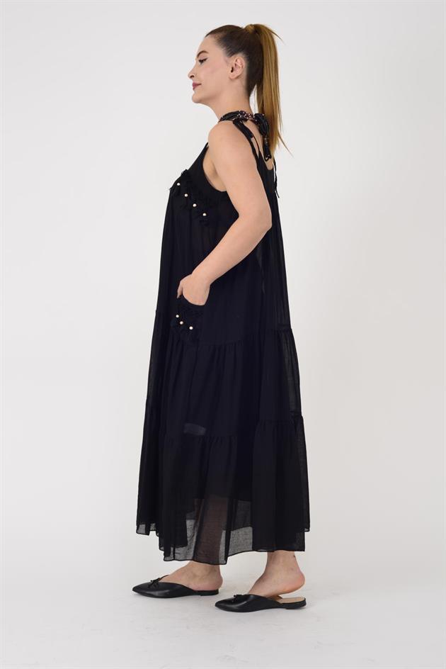 AN10573 PÜSKÜL DETAYLI ASKILI HAM BOHEM ELBİSE