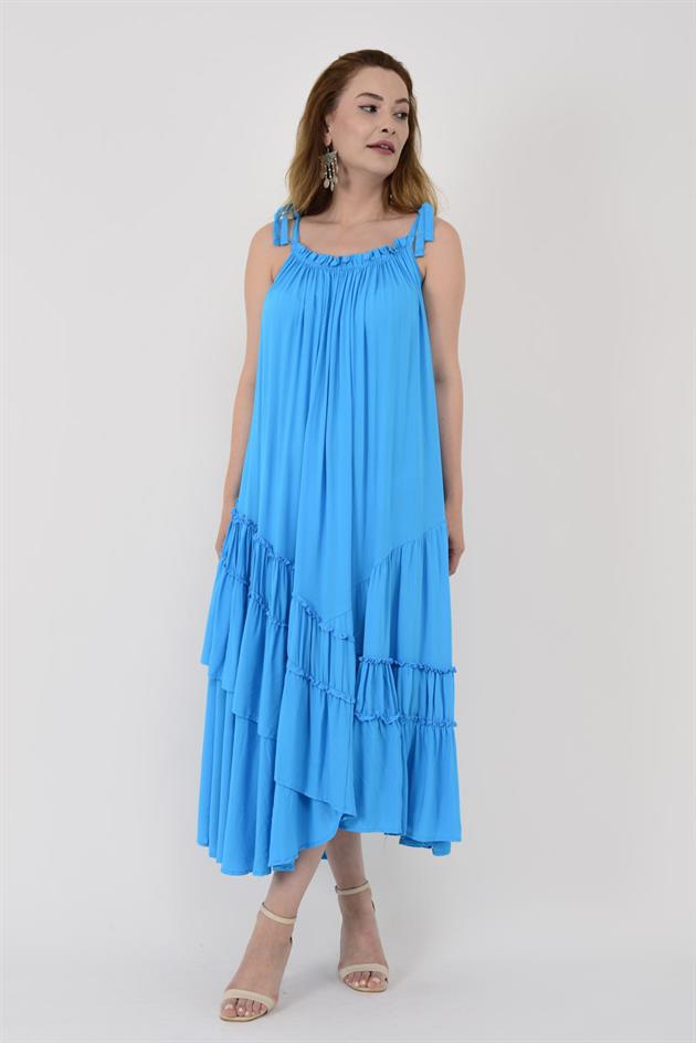 AN10585 ASİMETRİK OMUZDAN BAĞLAMALI ASKILI ELBİSE