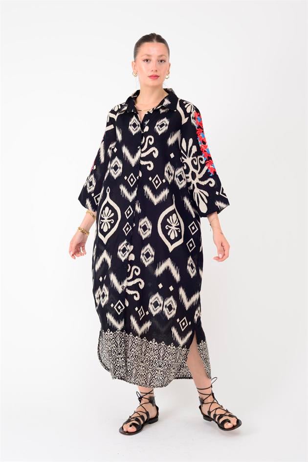 AN10592 MARIN  NAKIŞ DETAYLI GÖMLEK ELBİSE