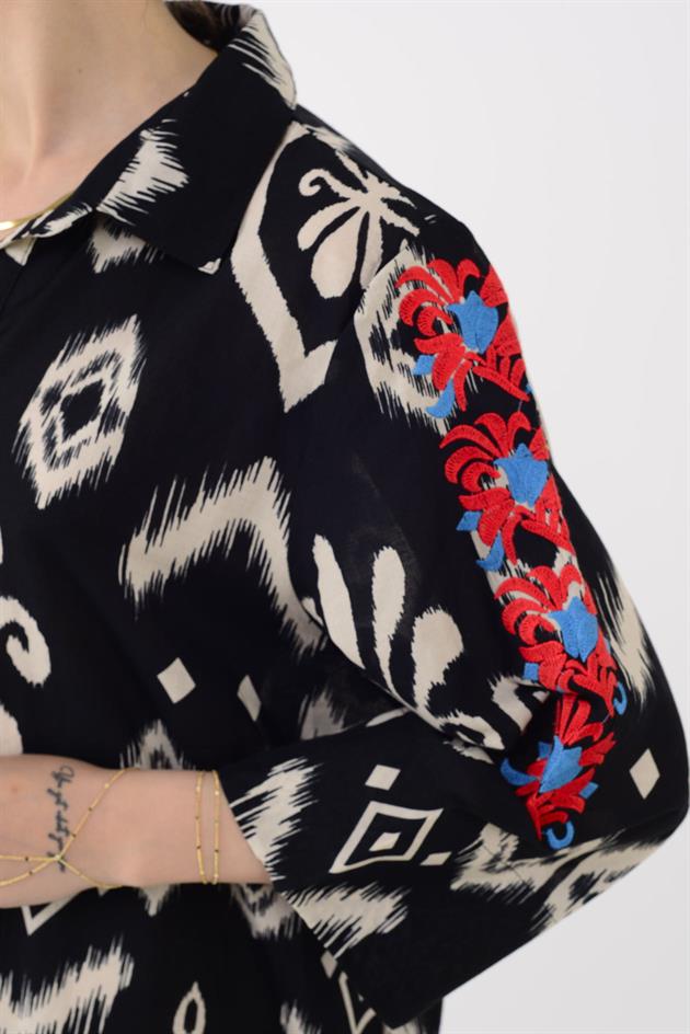 AN10592 MARIN  NAKIŞ DETAYLI GÖMLEK ELBİSE