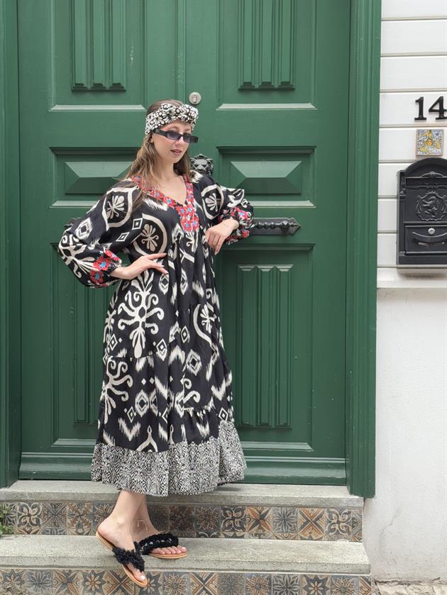 AN10593 MARIN NAKIŞ DETAYLI ELBİSE