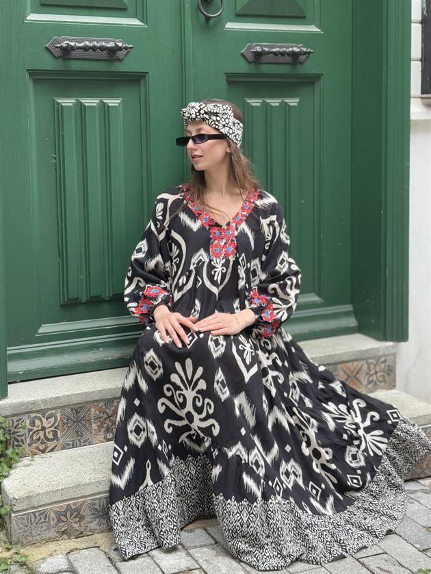 AN10593 MARIN NAKIŞ DETAYLI ELBİSE