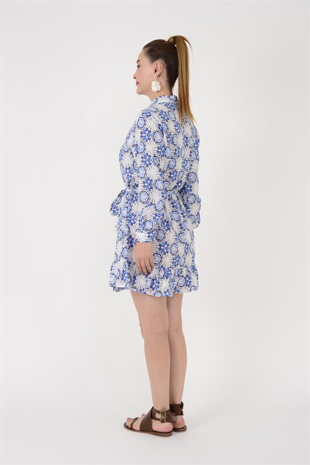 AN10602 GEOMETRİK DESEN KISA GÖMLEK ELBİSE