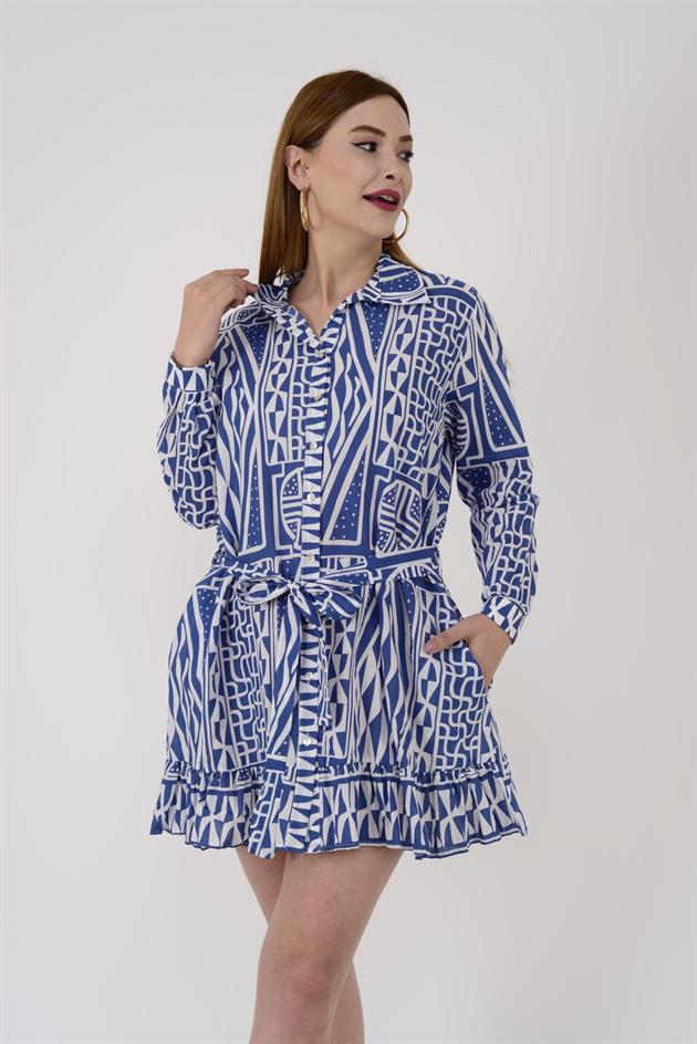 AN10602 MARIN GEOMETRİK DESEN KISA GÖMLEK ELBİSE