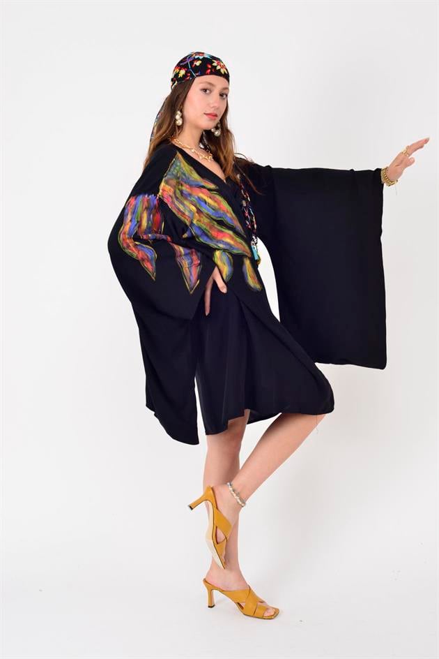 AN10604 EBRU DESEN EL BOYAMA KİMONO ELBİSE