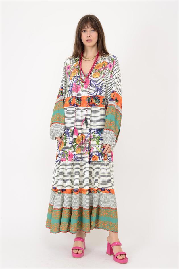 AN10605 ÇİZGİLİ BALON KOL YAKASI PÜSKÜL DETAYLI ELBİSE