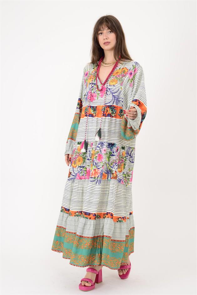 AN10605 ÇİZGİLİ BALON KOL YAKASI PÜSKÜL DETAYLI ELBİSE