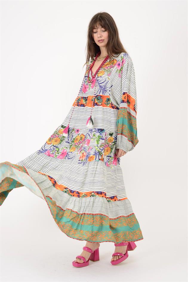 AN10605 ÇİZGİLİ BALON KOL YAKASI PÜSKÜL DETAYLI ELBİSE