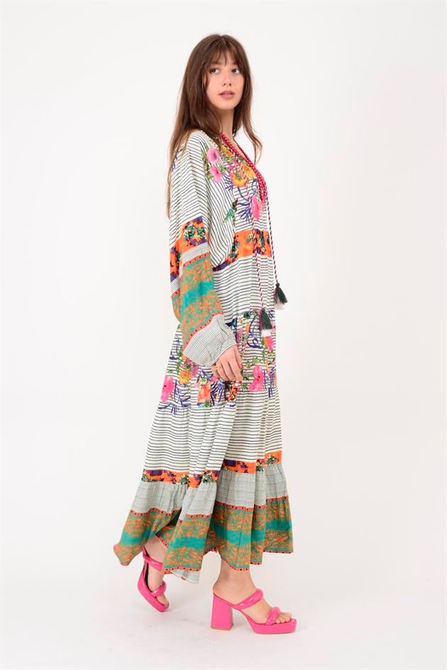 AN10605 ÇİZGİLİ BALON KOL YAKASI PÜSKÜL DETAYLI ELBİSE