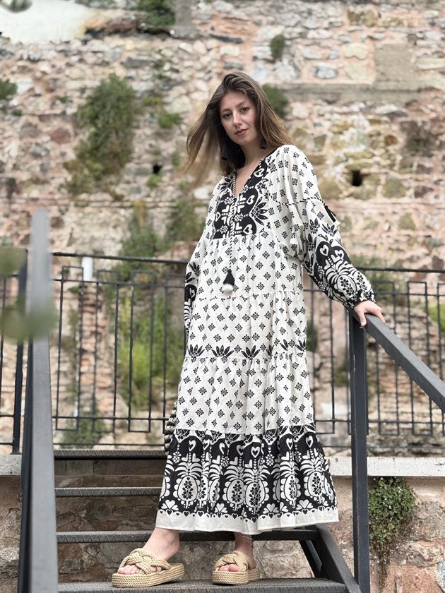 AN10605 MARIN ÇİÇEK DESEN V YAKA ELBİSE