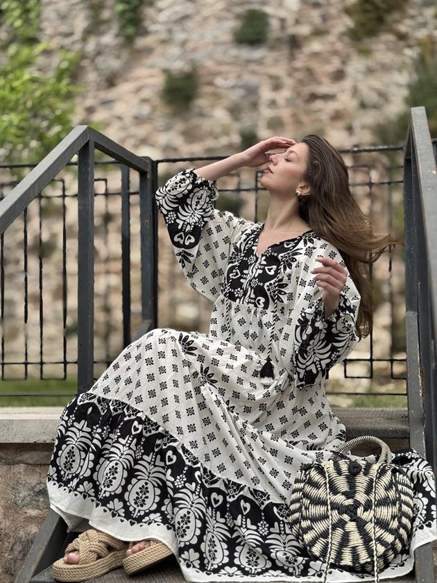 AN10605 MARIN ÇİÇEK DESEN V YAKA ELBİSE