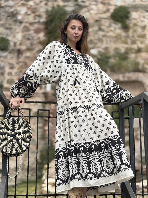 AN10605 MARIN ÇİÇEK DESEN V YAKA ELBİSE