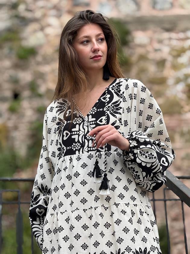 AN10605 MARIN ÇİÇEK DESEN V YAKA ELBİSE