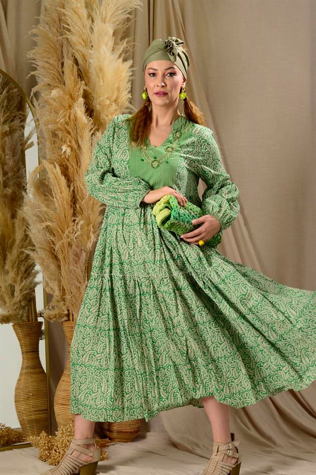 AN10619 MARIN BONCUK İŞLEMELİ GARNİLİ ELBİSE