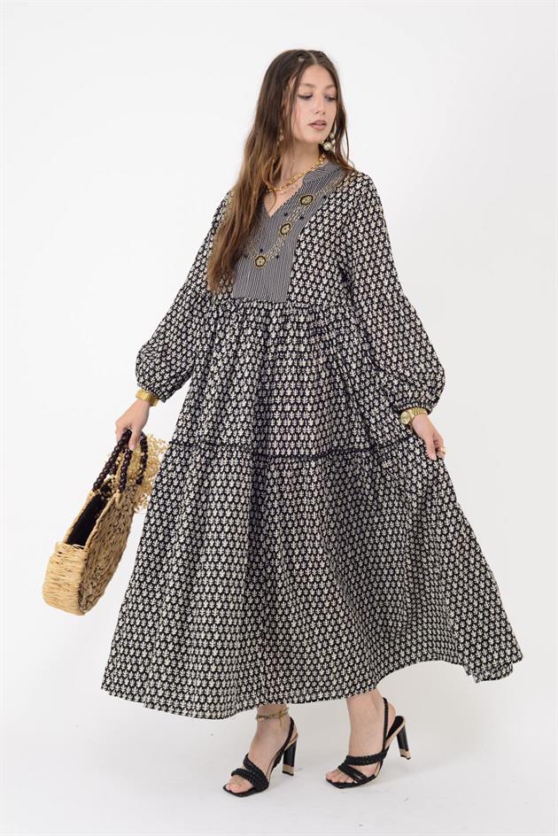 AN10619 MARIN GARNİ DETAYLI ELBİSE