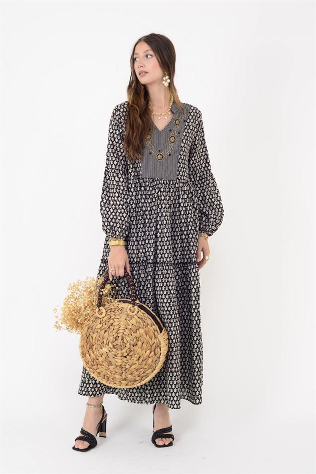 AN10619 MARIN GARNİ DETAYLI ELBİSE