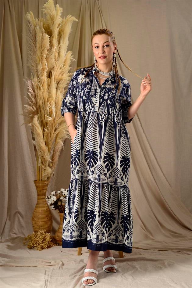 AN10623-1 MARIN KELEBEK NAKIŞ DETAYLI VOLANLI ELBİSE