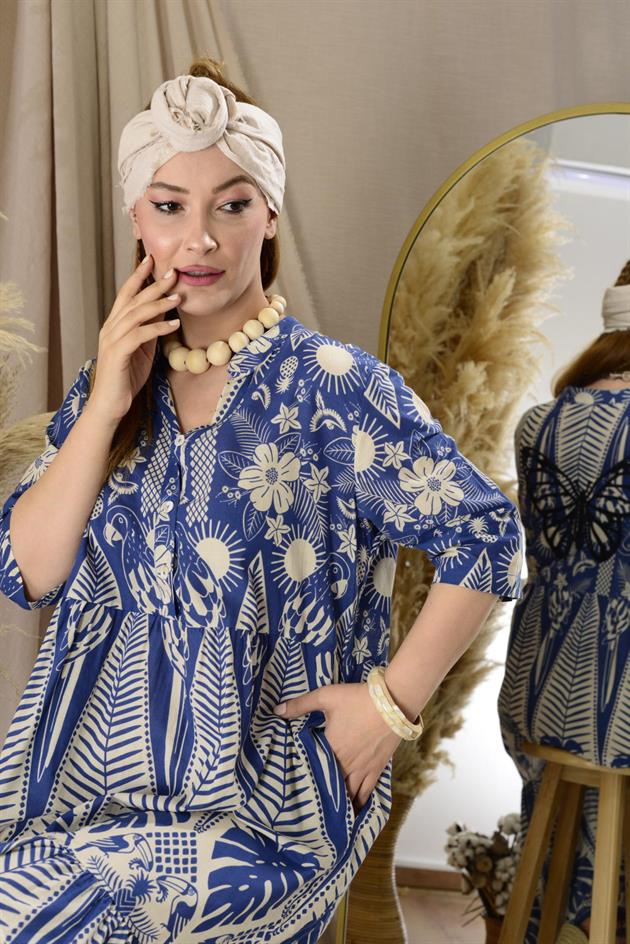 AN10623-1 MARIN KELEBEK NAKIŞ DETAYLI VOLANLI ELBİSE