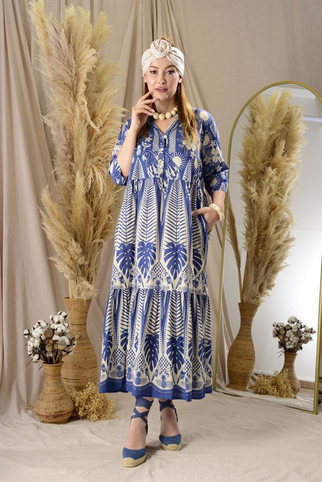 AN10623-1 MARIN KELEBEK NAKIŞ DETAYLI VOLANLI ELBİSE