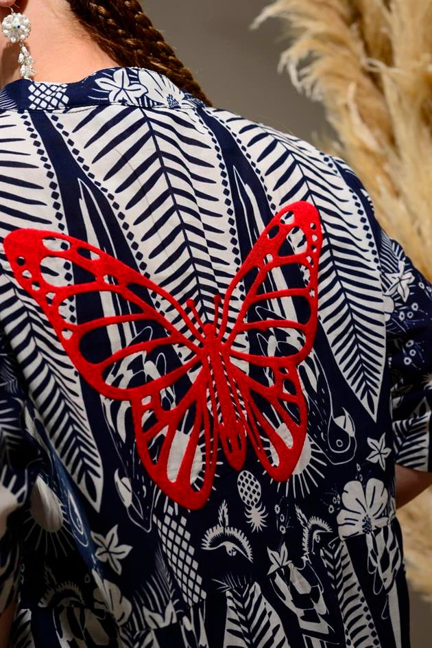 AN10623-1 MARIN KELEBEK NAKIŞ DETAYLI VOLANLI ELBİSE