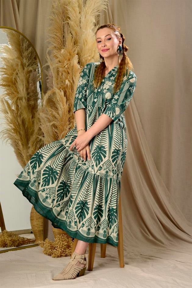 AN10623-1 MARIN KELEBEK NAKIŞ DETAYLI VOLANLI ELBİSE