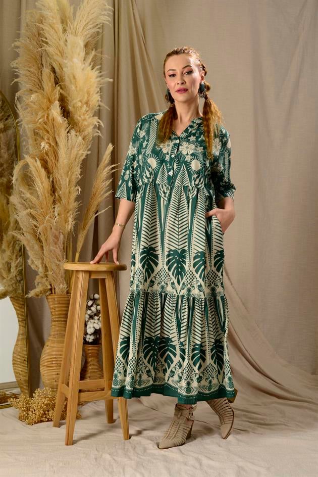 AN10623-1 MARIN KELEBEK NAKIŞ DETAYLI VOLANLI ELBİSE