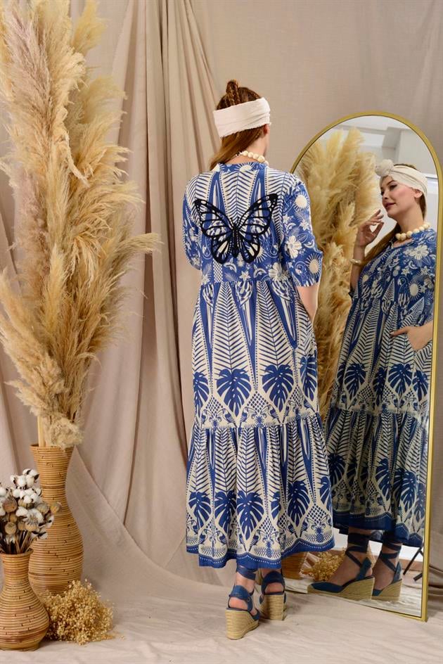 AN10623-1 MARIN KELEBEK NAKIŞ DETAYLI VOLANLI ELBİSE