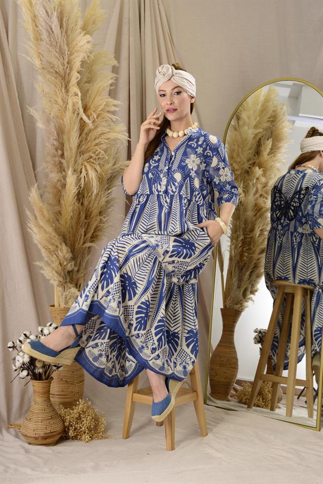 AN10623-1 MARIN KELEBEK NAKIŞ DETAYLI VOLANLI ELBİSE