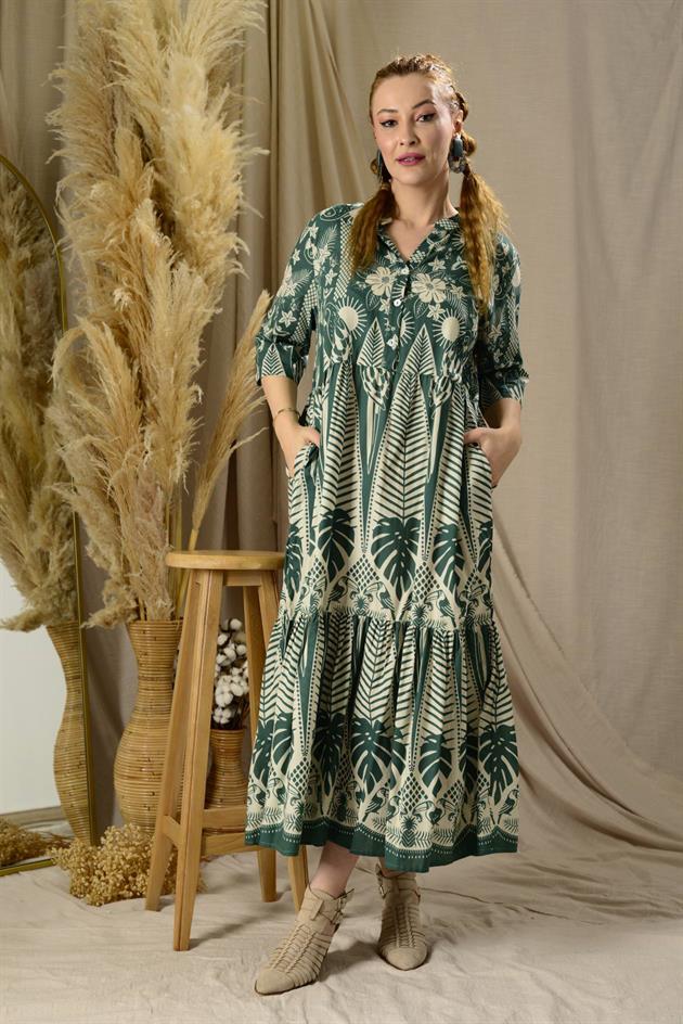 AN10623-1 MARIN KELEBEK NAKIŞ DETAYLI VOLANLI ELBİSE