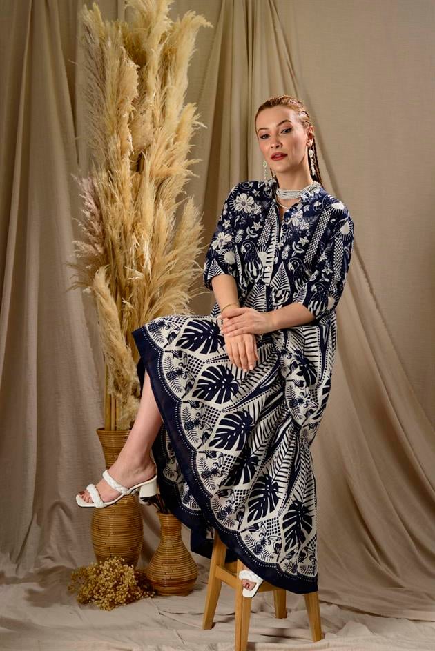 AN10623-1 MARIN KELEBEK NAKIŞ DETAYLI VOLANLI ELBİSE