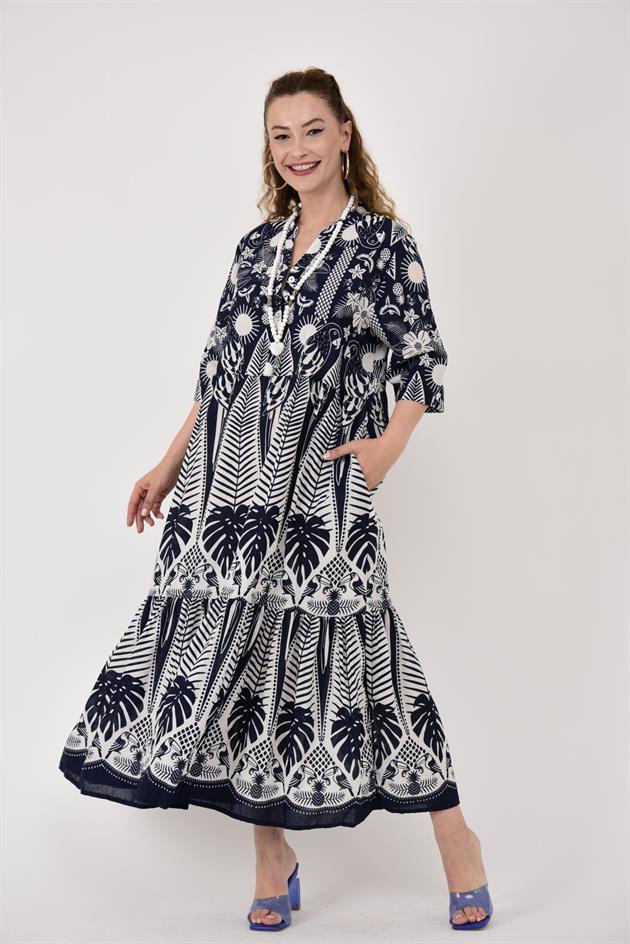 AN10623-1 MARIN KELEBEK NAKIŞ DETAYLI VOLANLI ELBİSE