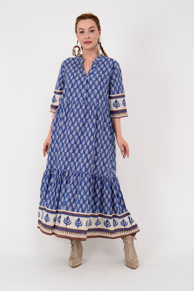 AN10623 MARIN VOLANLI DESENLİ ELBİSE