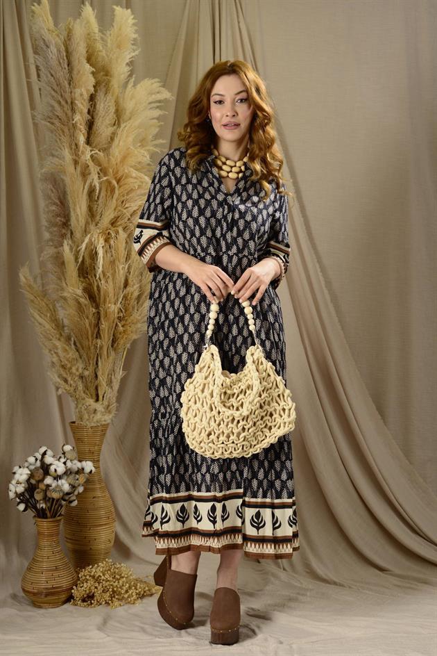 AN10623 MARIN VOLANLI DESENLİ ELBİSE