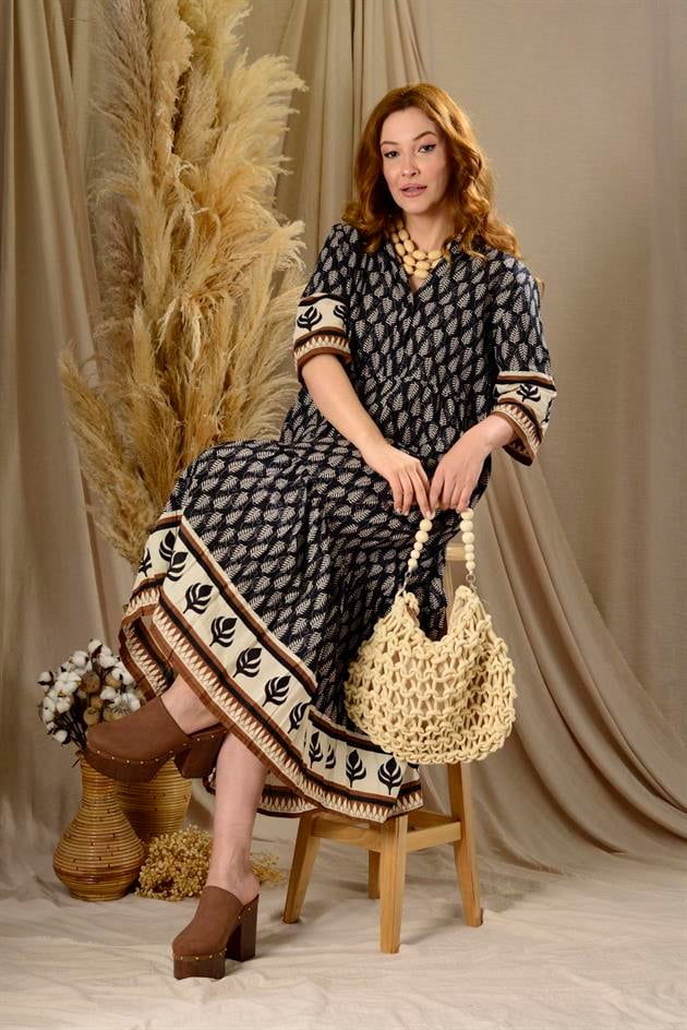 AN10623 MARIN VOLANLI DESENLİ ELBİSE