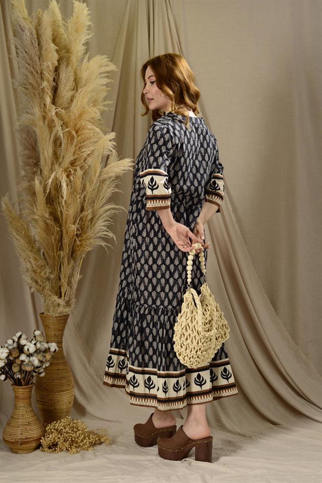 AN10623 MARIN VOLANLI DESENLİ ELBİSE